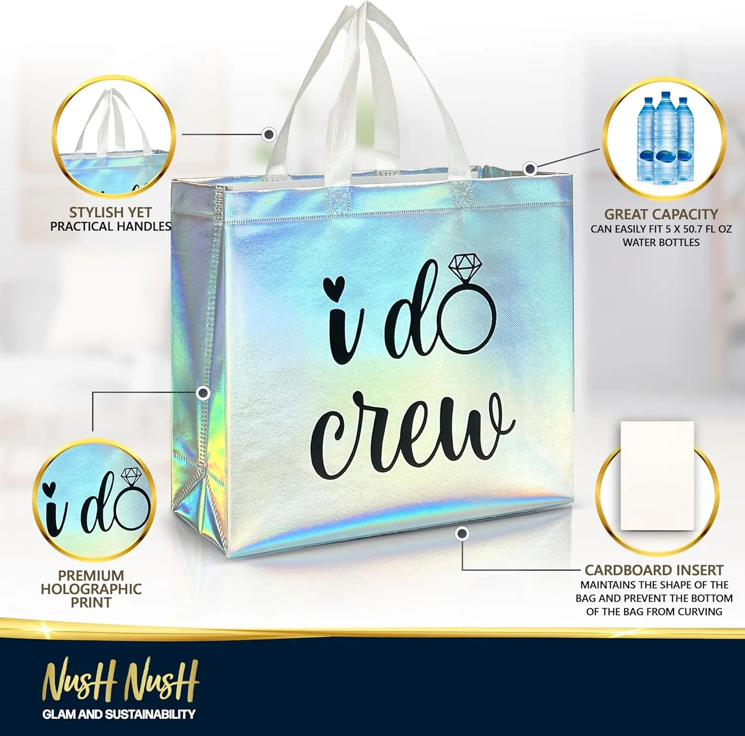 Nush Nush Set of 12 Reusable Iridescent Bridesmaids Gift Bags In Bulk With 3 x Bride and 9 x I Do Crew Party Bags - Wedding Favors, Bachelorette Party, Bridesmaid Gifts, Bridal Shower- 11" x 5" x 13"