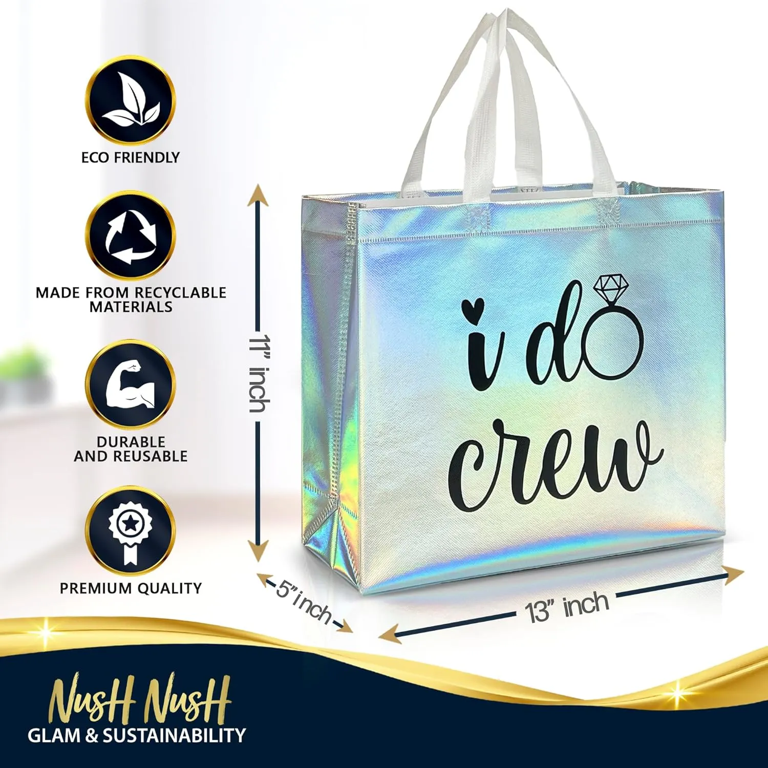 Nush Nush Set of 12 Reusable Iridescent Bridesmaids Gift Bags In Bulk With 3 x Bride and 9 x I Do Crew Party Bags - Wedding Favors, Bachelorette Party, Bridesmaid Gifts, Bridal Shower- 11" x 5" x 13"