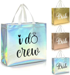 Nush Nush Set of 12 Reusable Iridescent Bridesmaids Gift Bags In Bulk With 3 x Bride and 9 x I Do Crew Party Bags - Wedding Favors, Bachelorette Party, Bridesmaid Gifts, Bridal Shower- 11" x 5" x 13"