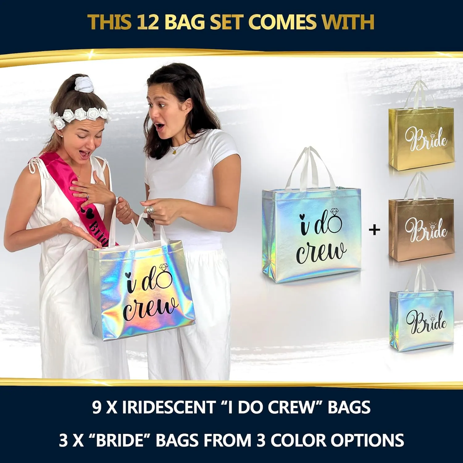 Nush Nush Set of 12 Reusable Iridescent Bridesmaids Gift Bags In Bulk With 3 x Bride and 9 x I Do Crew Party Bags - Wedding Favors, Bachelorette Party, Bridesmaid Gifts, Bridal Shower- 11" x 5" x 13"