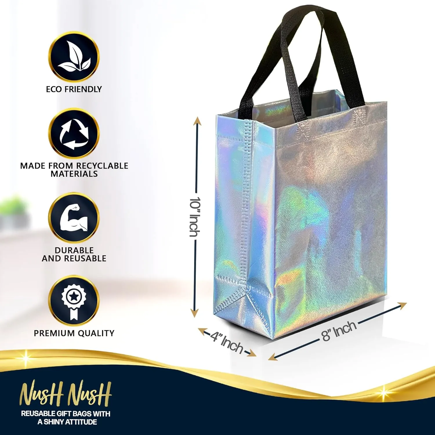 Nush Nush Set of 30 Stunning Iridescent Gift Bags in Bulk, Reusable With Black Handles, Medium Size, Perfect As Goodie/Birthday Gift Bags, Party Favor Bags, 8Wx4Dx10H Size