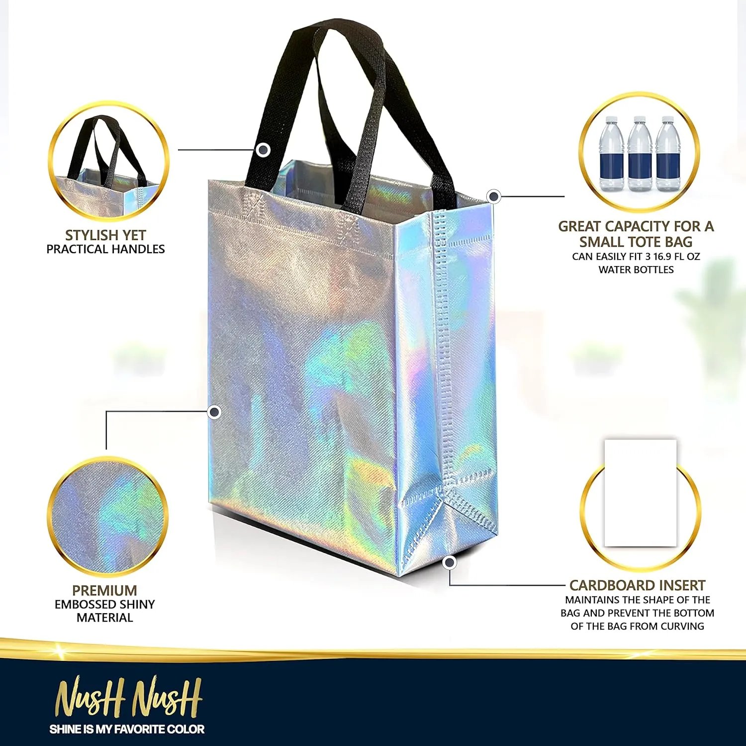 Nush Nush Set of 30 Stunning Iridescent Gift Bags in Bulk, Reusable With Black Handles, Medium Size, Perfect As Goodie/Birthday Gift Bags, Party Favor Bags, 8Wx4Dx10H Size