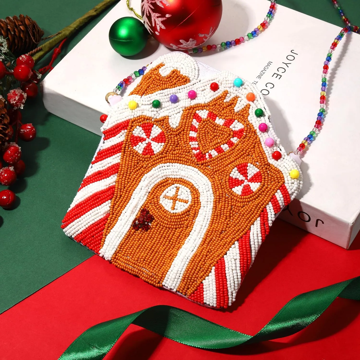 NVENF Christmas Purse Crossbody Bag for Women Beaded Christmas Tree Reindeer Boot Shoulder Bag Holiday Accessories Gifts