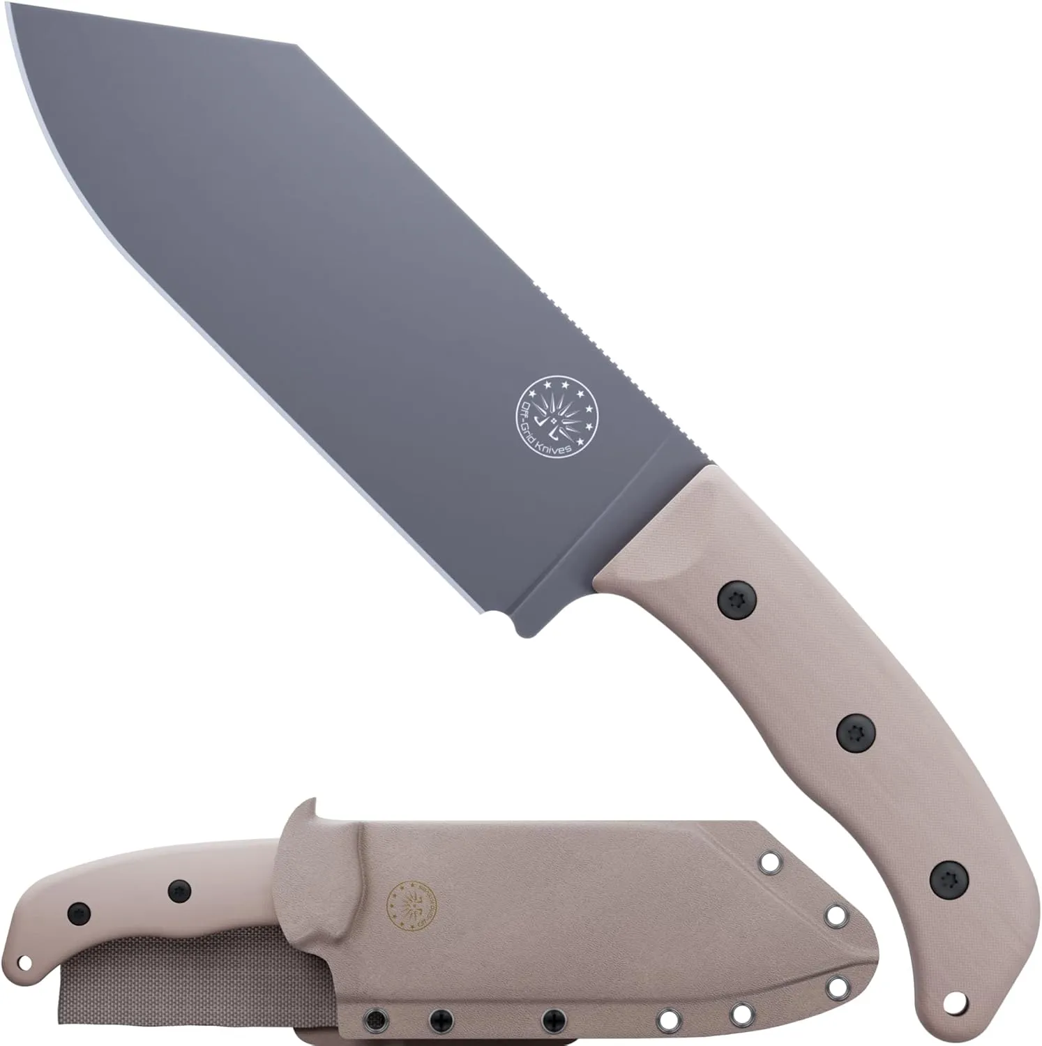 Off-Grid Knives - Grizzly V2 Chef Knife with Sandvik 14C28N Stainless Steel, Kydex Sheath and Belt Clip, G10 Scales, Lanyard Opening, Camping, BBQ & Home Kitchen Use (Coyote)