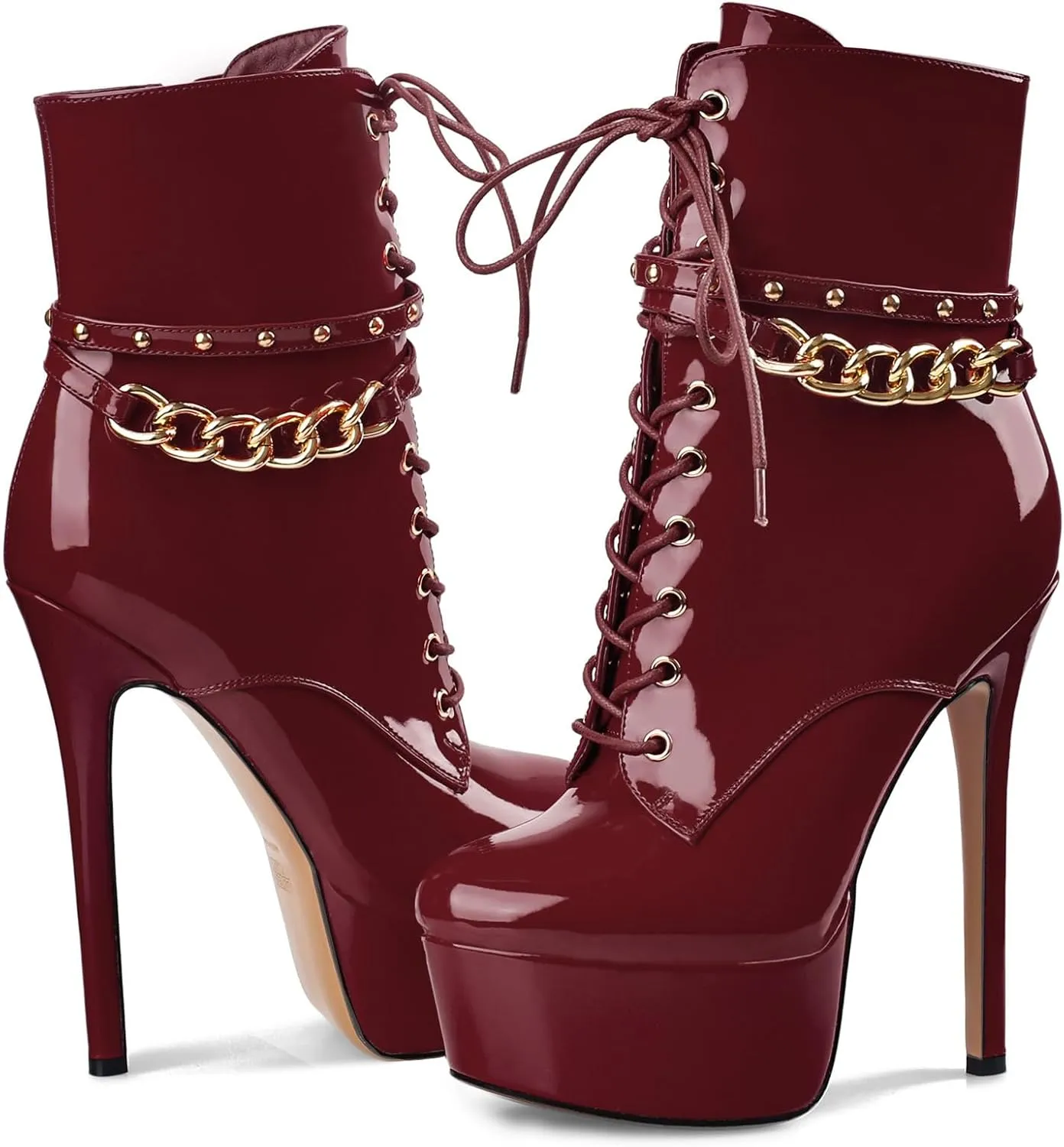Oh Mispares Women's Platform Stiletto High Heel Ankle Boots Sexy Round Toe Lace Up High Heel Short Booties Patent Leather Dress Booties Shoes with Side Zipper 6 Inch