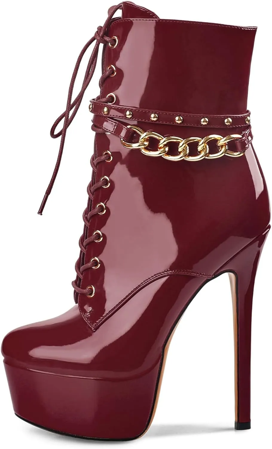 Oh Mispares Women's Platform Stiletto High Heel Ankle Boots Sexy Round Toe Lace Up High Heel Short Booties Patent Leather Dress Booties Shoes with Side Zipper 6 Inch
