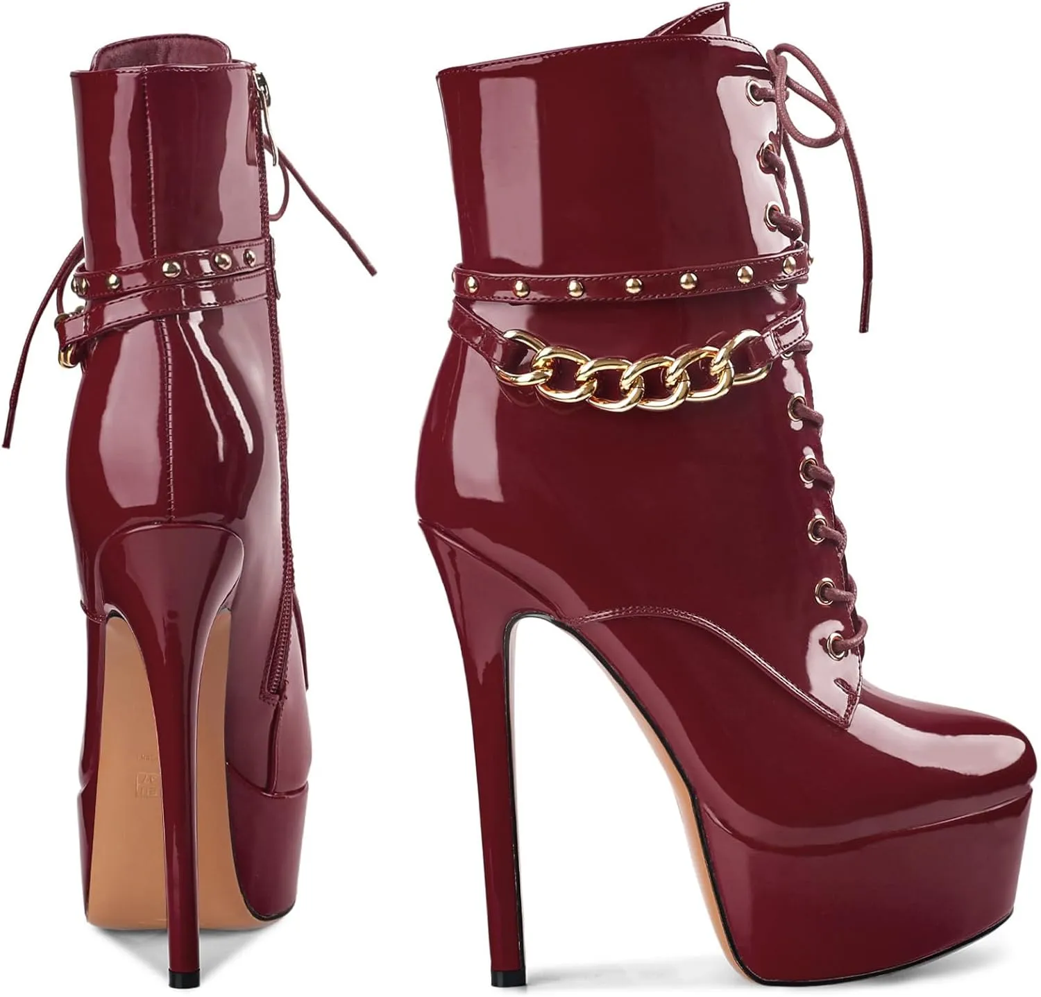 Oh Mispares Women's Platform Stiletto High Heel Ankle Boots Sexy Round Toe Lace Up High Heel Short Booties Patent Leather Dress Booties Shoes with Side Zipper 6 Inch