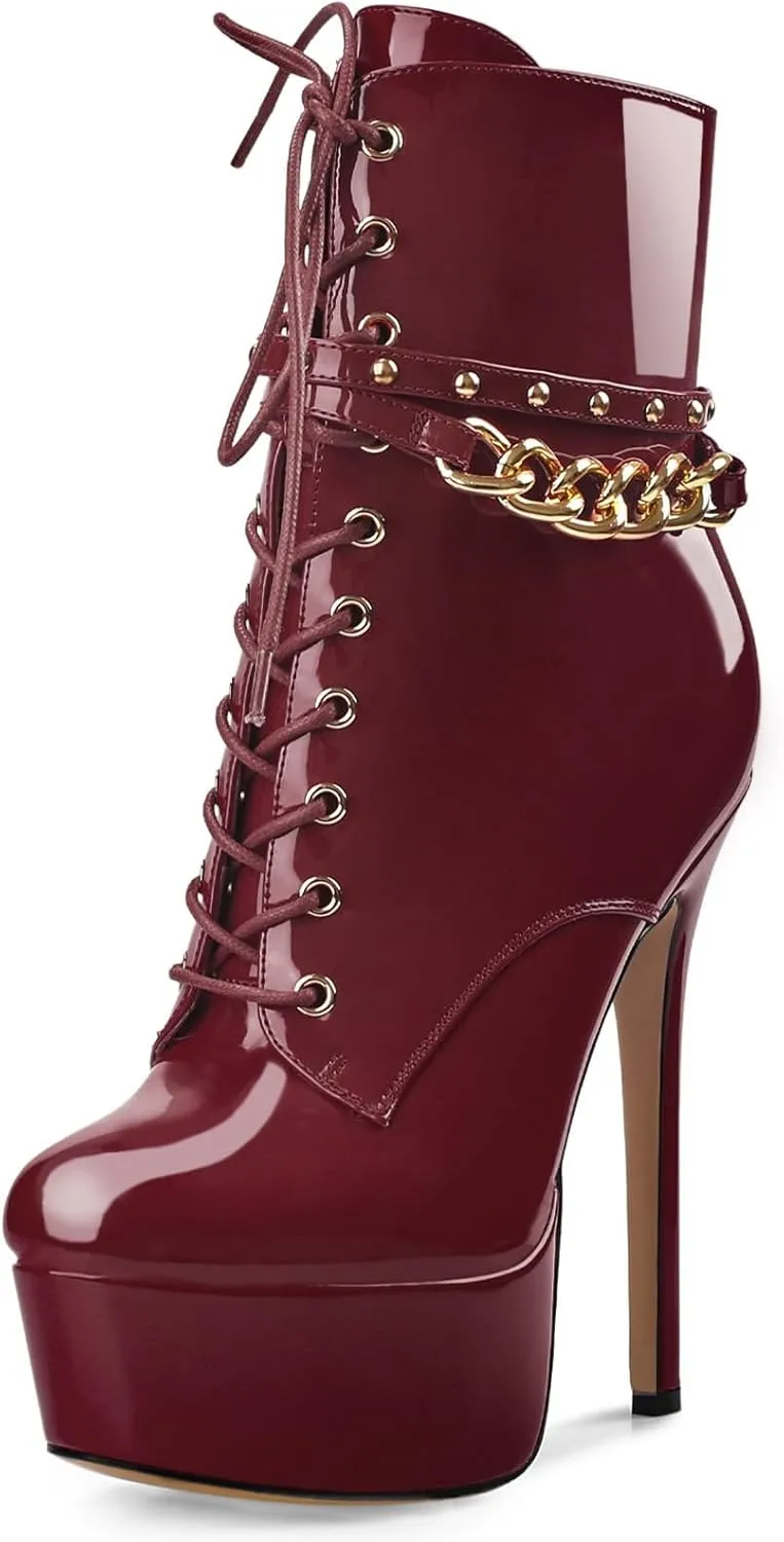 Oh Mispares Women's Platform Stiletto High Heel Ankle Boots Sexy Round Toe Lace Up High Heel Short Booties Patent Leather Dress Booties Shoes with Side Zipper 6 Inch
