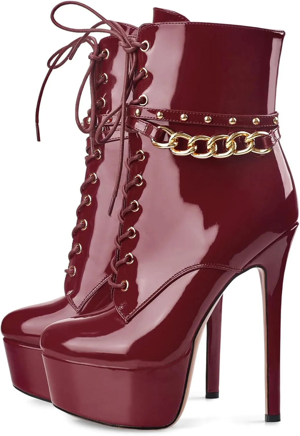 Oh Mispares Women's Platform Stiletto High Heel Ankle Boots Sexy Round Toe Lace Up High Heel Short Booties Patent Leather Dress Booties Shoes with Side Zipper 6 Inch