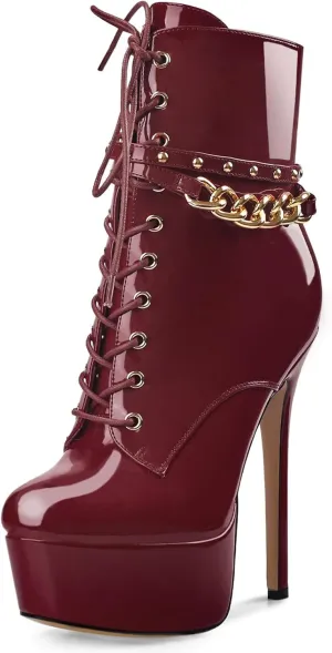 Oh Mispares Women's Platform Stiletto High Heel Ankle Boots Sexy Round Toe Lace Up High Heel Short Booties Patent Leather Dress Booties Shoes with Side Zipper 6 Inch