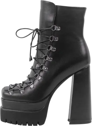 onlymaker Double Platform Ankle Boots Chunky High Heels Lace up side Zippers Square Toe Platform Booty