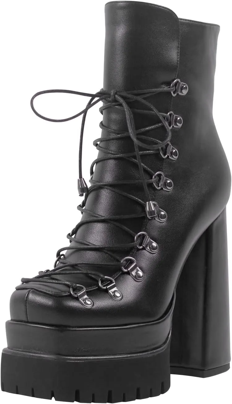 onlymaker Double Platform Ankle Boots Chunky High Heels Lace up side Zippers Square Toe Platform Booty