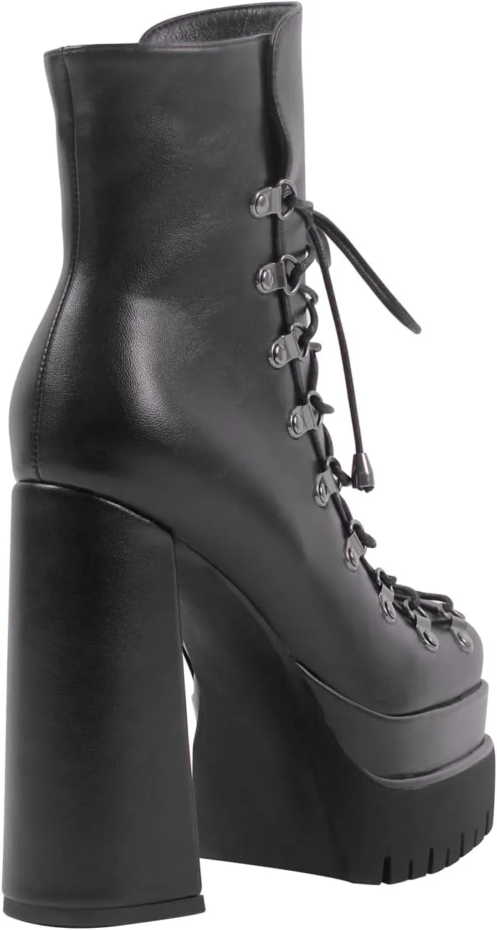 onlymaker Double Platform Ankle Boots Chunky High Heels Lace up side Zippers Square Toe Platform Booty