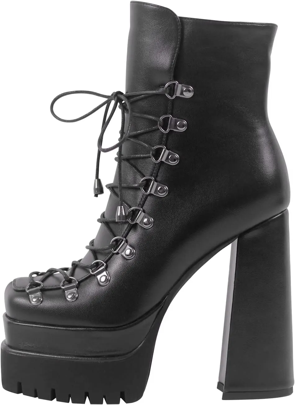 onlymaker Double Platform Ankle Boots Chunky High Heels Lace up side Zippers Square Toe Platform Booty