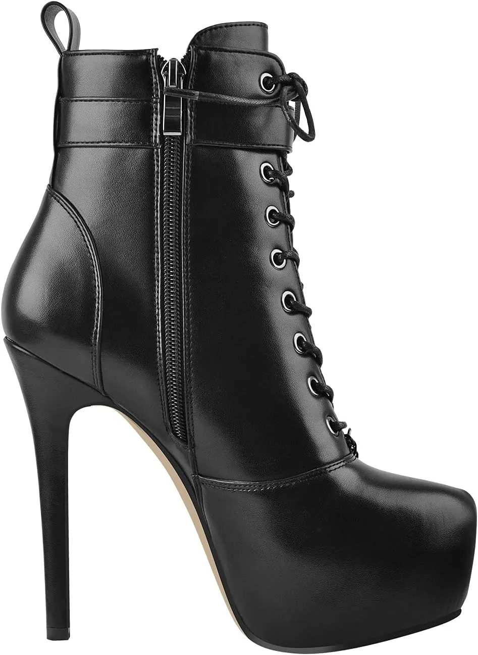 onlymaker Women's Stiletto Platform Ankle Boots Lace-Up side Zippers Round Toe Autum Booties