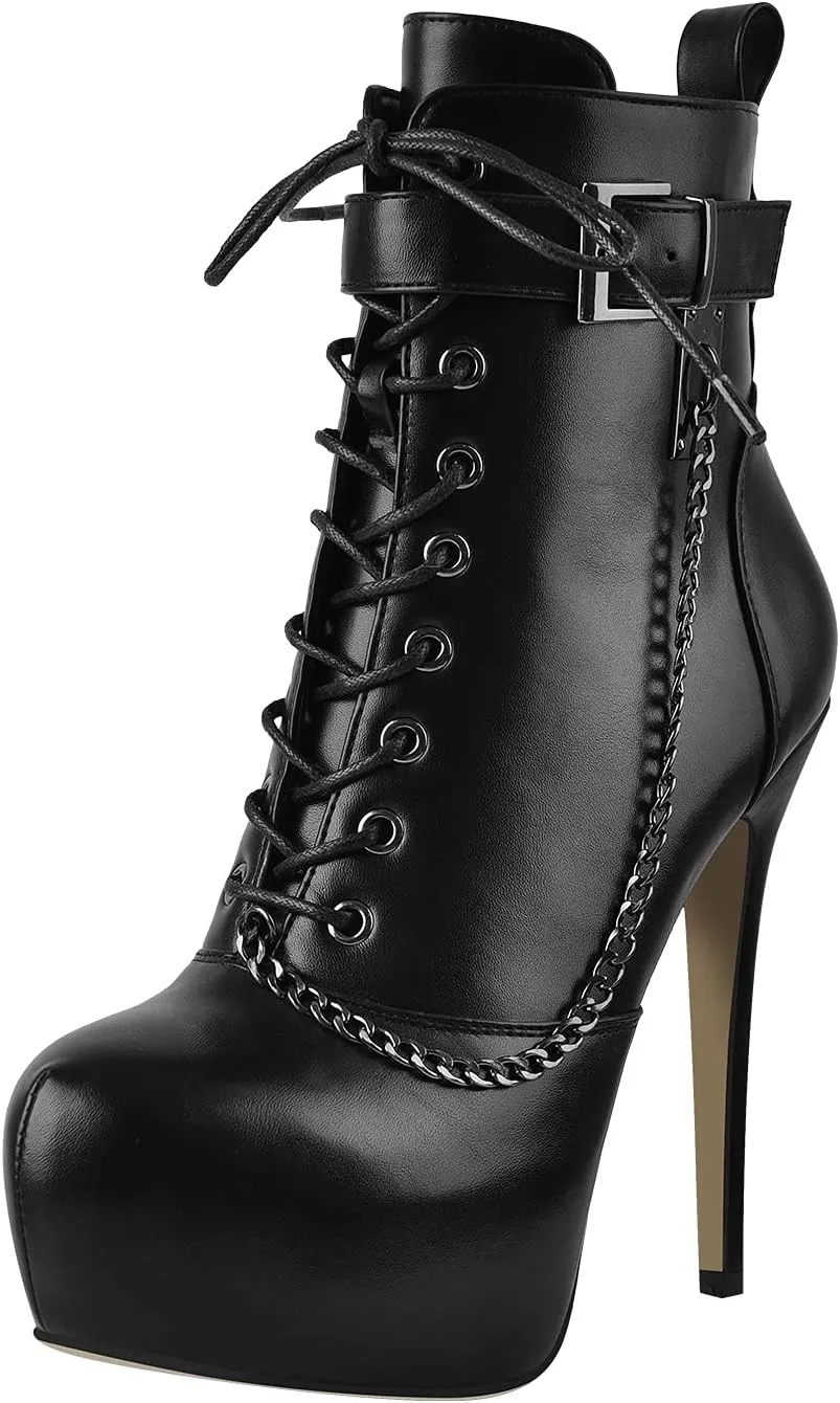 onlymaker Women's Stiletto Platform Ankle Boots Lace-Up side Zippers Round Toe Autum Booties