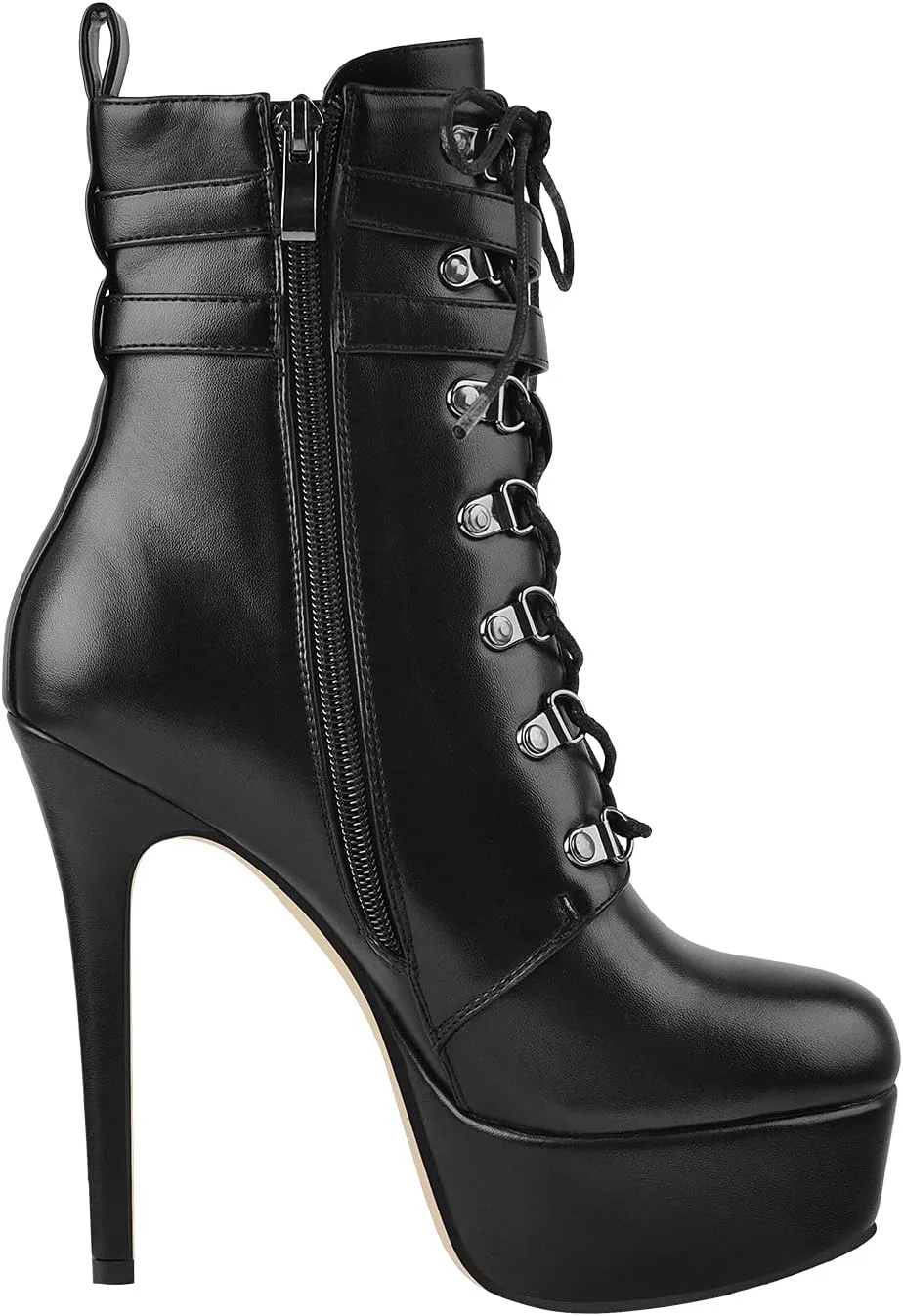 onlymaker Women's Stiletto Platform Ankle Boots Lace-Up side Zippers Round Toe Autum Booties