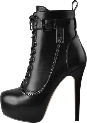 onlymaker Women's Stiletto Platform Ankle Boots Lace-Up side Zippers Round Toe Autum Booties