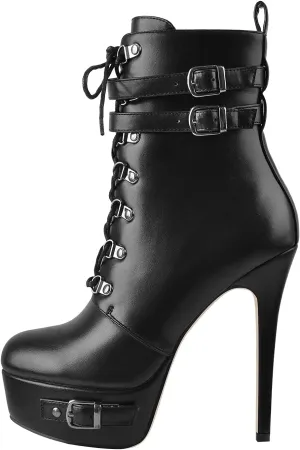 onlymaker Women's Stiletto Platform Ankle Boots Lace-Up side Zippers Round Toe Autum Booties