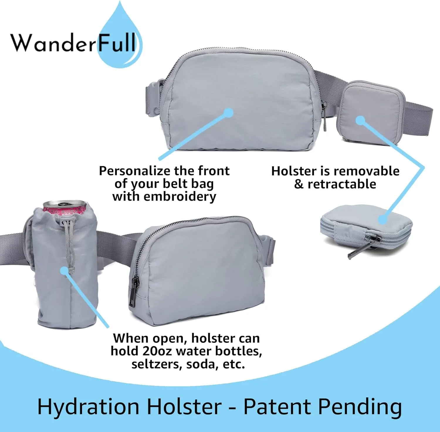 Original Crossbody HydroBeltbag | Fanny Pack with Removable Water Bottle Holder | Adjustable Waist Bag for Carrying Your Purse, Phone, Accessories w/Tumbler Holder (Grey)