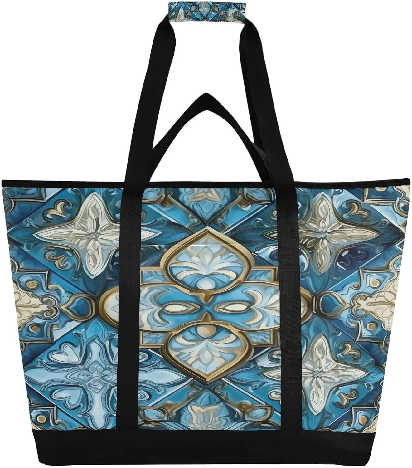 Ornamental Pattern Reusable Insulated Lunchbox Cooler Bag, Leakproof Kitchen Grocery Bag Collapsible Portable Cooler Tote Bag for Picnic, Camping, Office, Travel