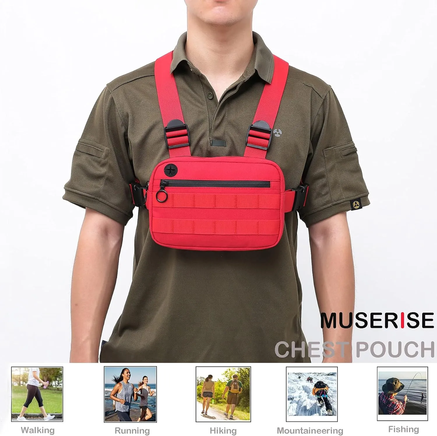 Outdoor Sports Utility Chest Pack，Tactical EDC Chest Bag For Men, Lightweight Conceal Chest Pouch Holster, Chest Rig Vest With Built-In Phone Holder For Workouts, Cycling & Hiking (Red)