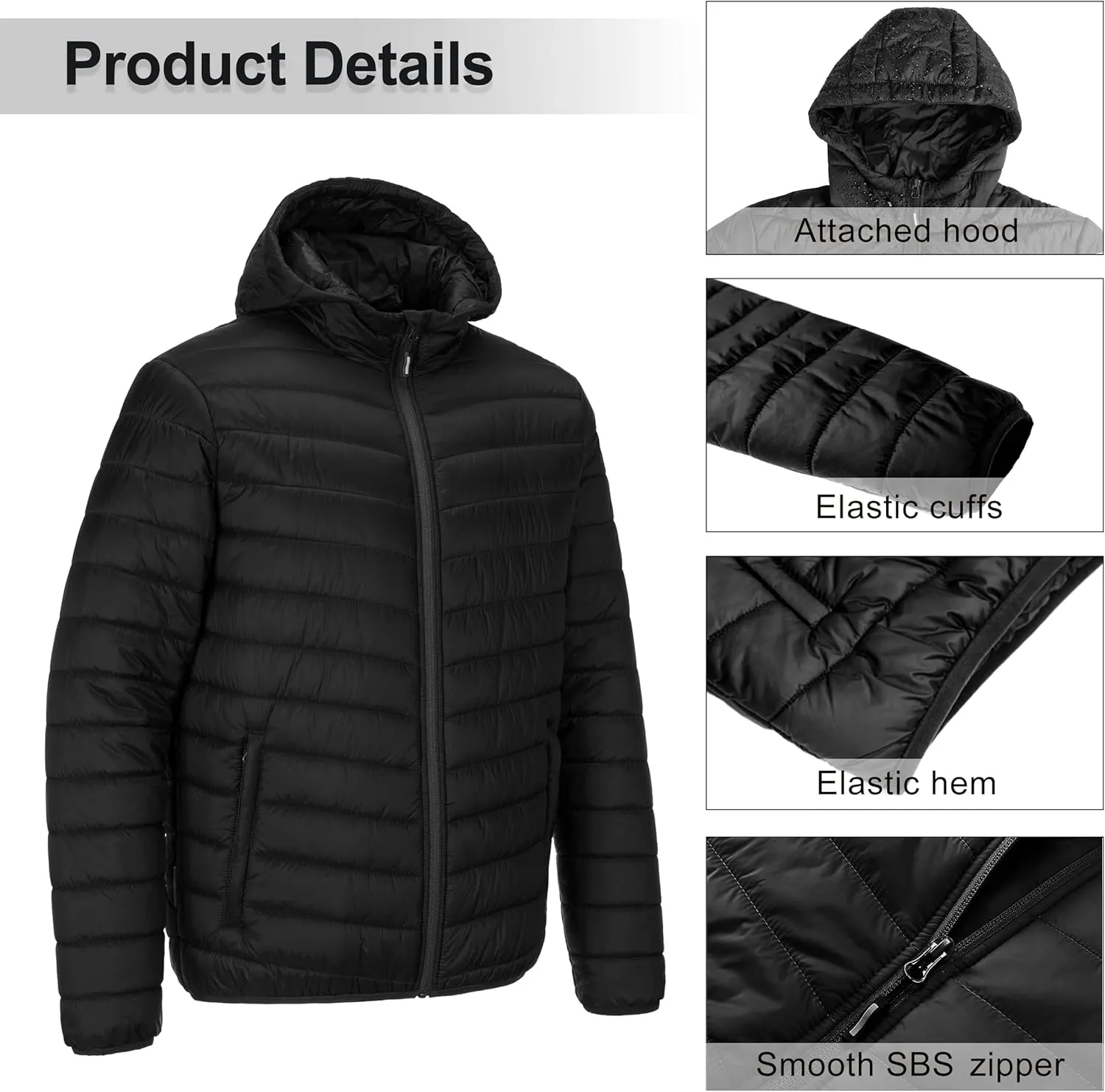 Outdoor Ventures Men's Lightweight Packable Hooded Puffer Jacket Insulated Winter Coat for Snow Ski Traveling