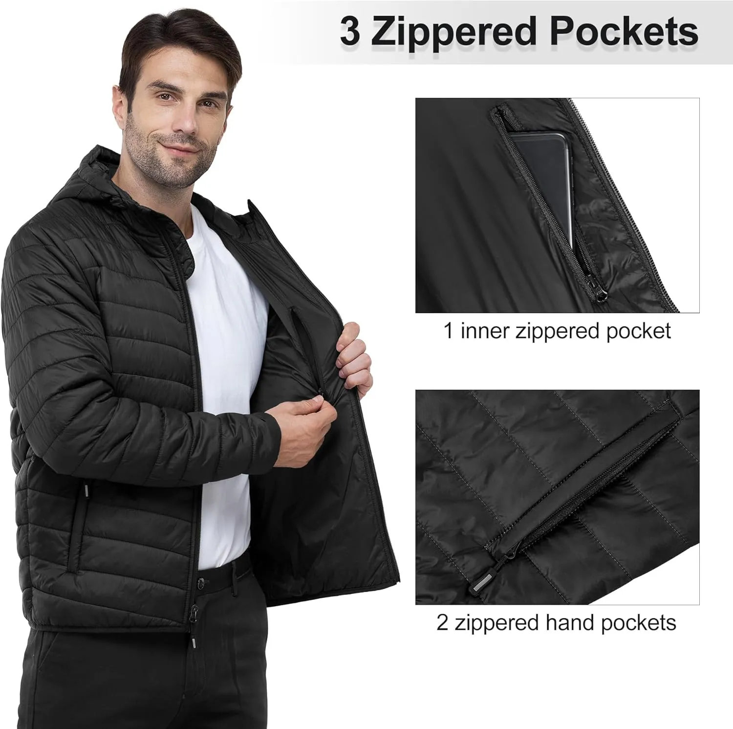 Outdoor Ventures Men's Lightweight Packable Hooded Puffer Jacket Insulated Winter Coat for Snow Ski Traveling