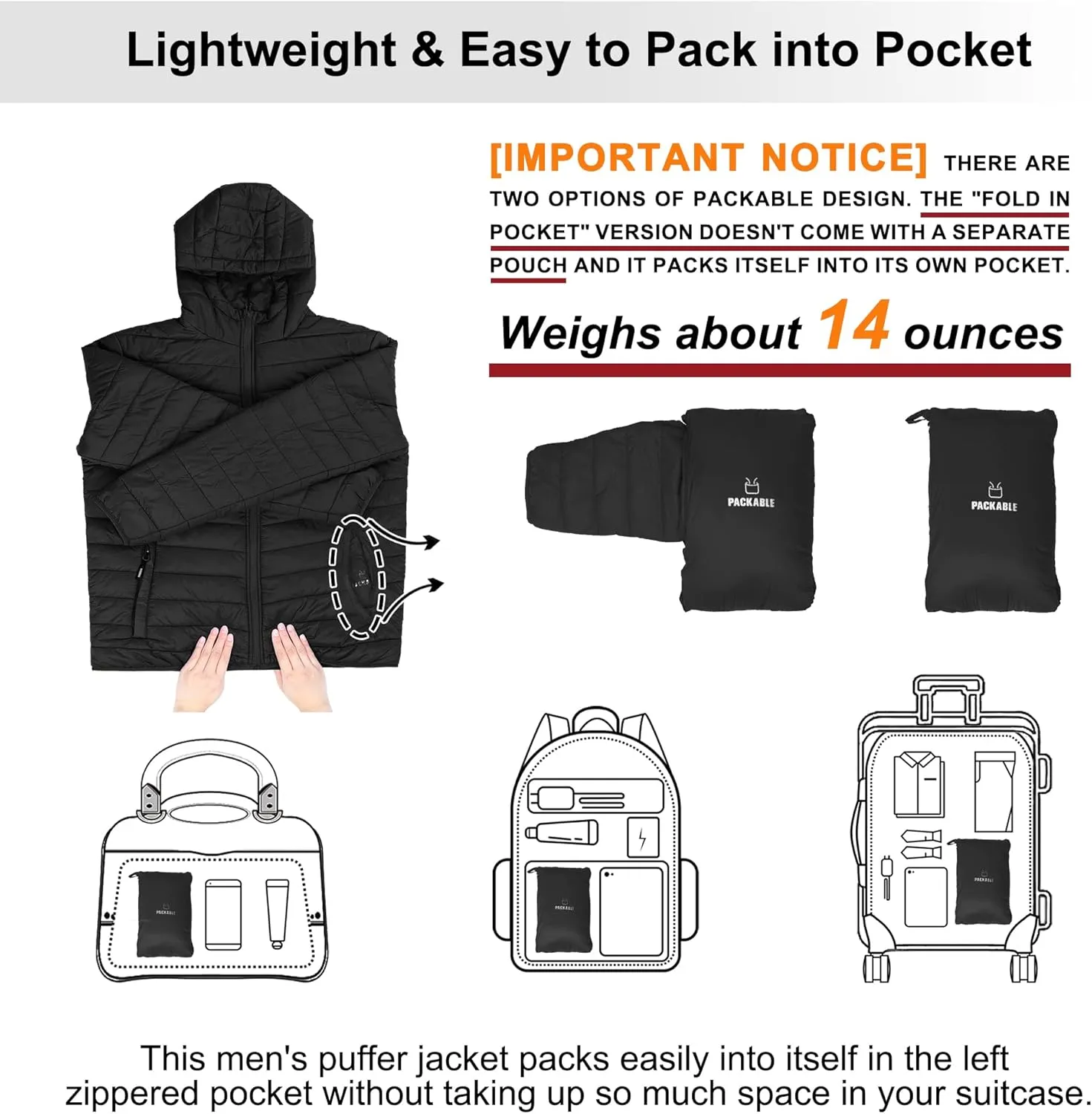 Outdoor Ventures Men's Lightweight Packable Hooded Puffer Jacket Insulated Winter Coat for Snow Ski Traveling