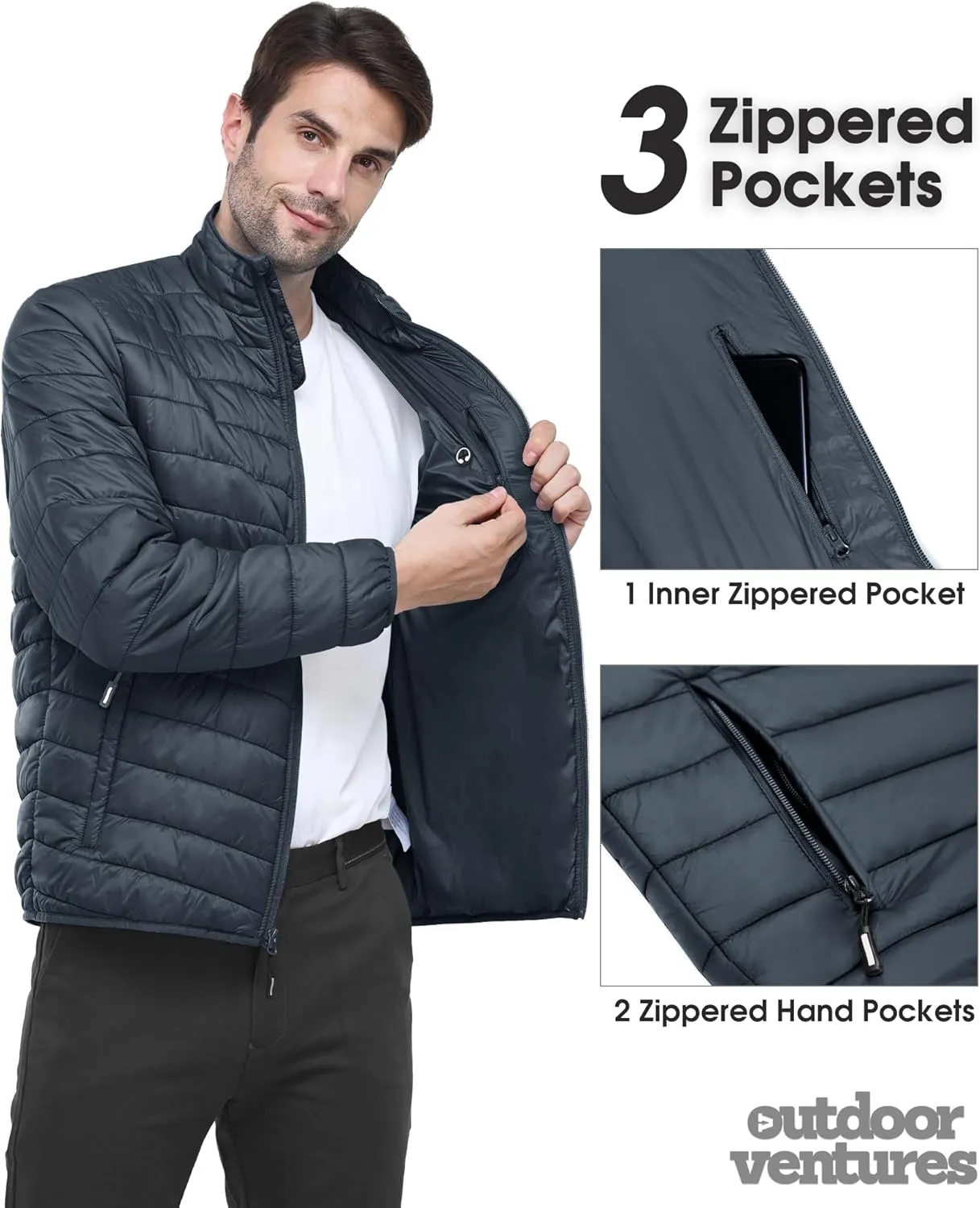 Outdoor Ventures Men's Lightweight Packable Puffer Winter Jacket Insulated Puffy Coat for Snow Ski Hiking Travel