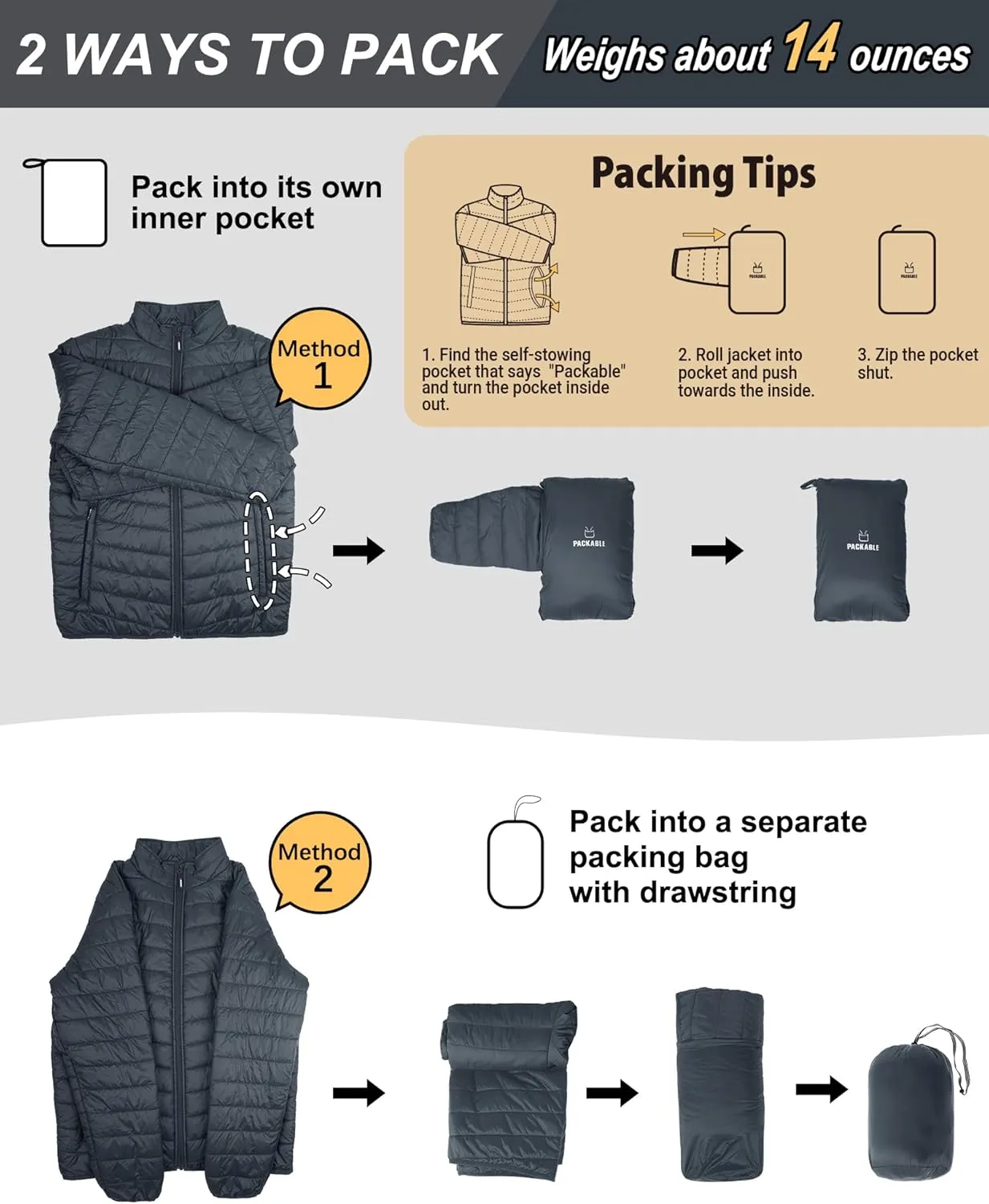 Outdoor Ventures Men's Lightweight Packable Puffer Winter Jacket Insulated Puffy Coat for Snow Ski Hiking Travel