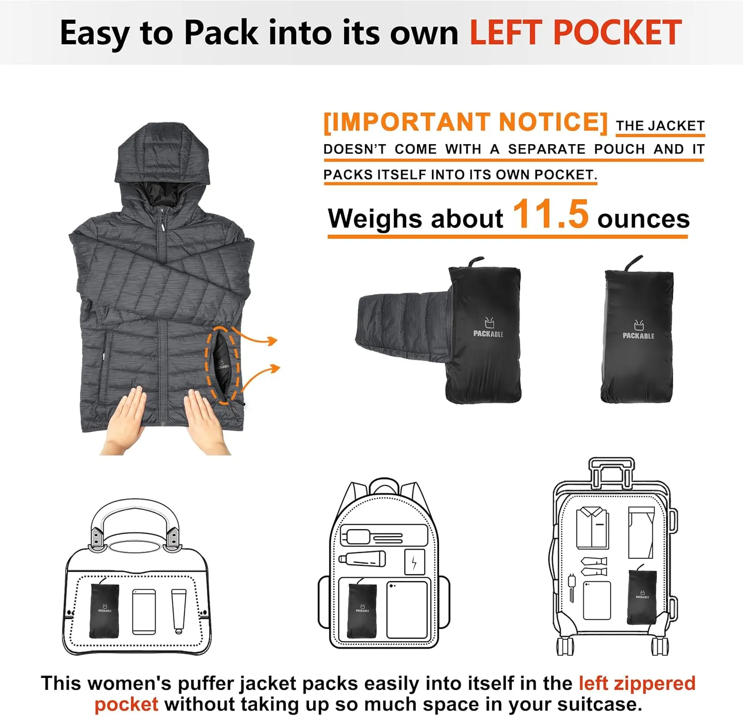 Outdoor Ventures Women's Packable Lightweight Full-Zip Puffer Jacket with Hood Quilted Winter Coat
