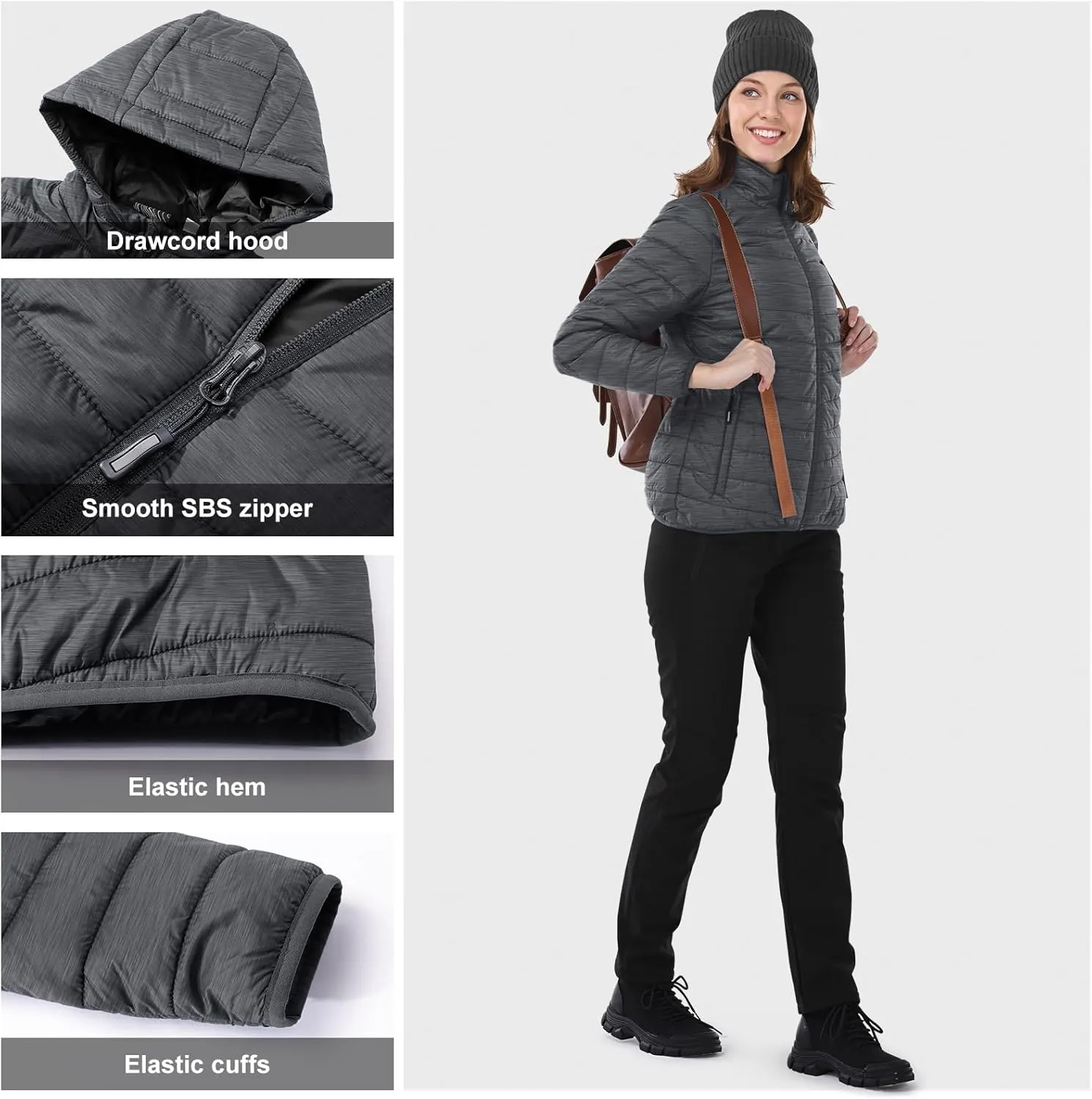 Outdoor Ventures Women's Packable Lightweight Full-Zip Puffer Jacket with Hood Quilted Winter Coat