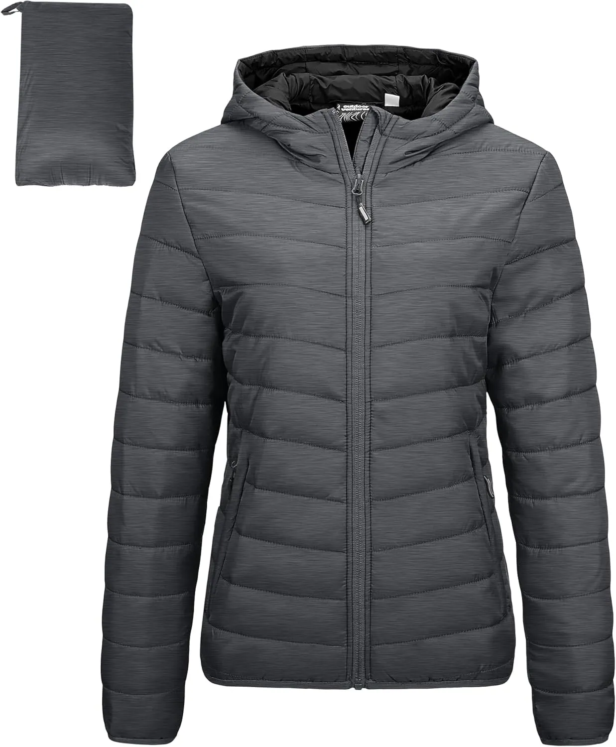 Outdoor Ventures Women's Packable Lightweight Full-Zip Puffer Jacket with Hood Quilted Winter Coat