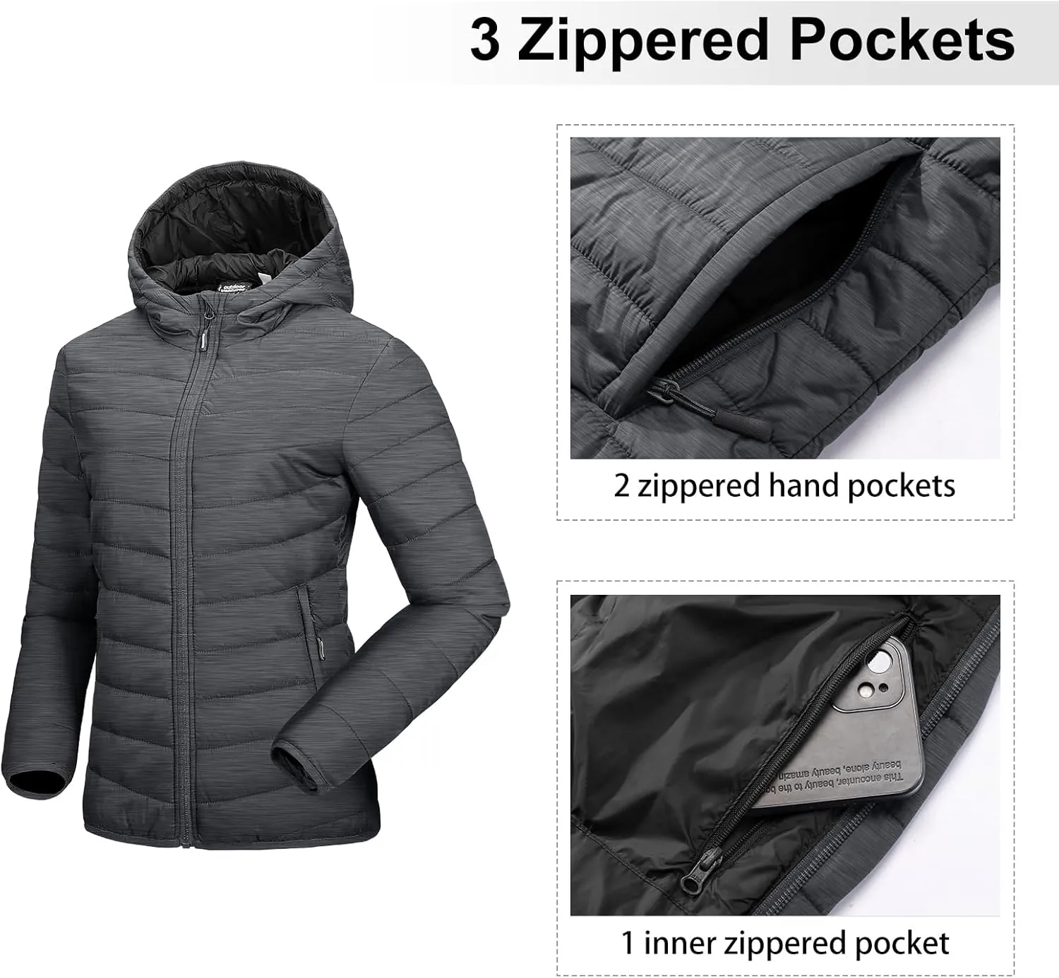 Outdoor Ventures Women's Packable Lightweight Full-Zip Puffer Jacket with Hood Quilted Winter Coat