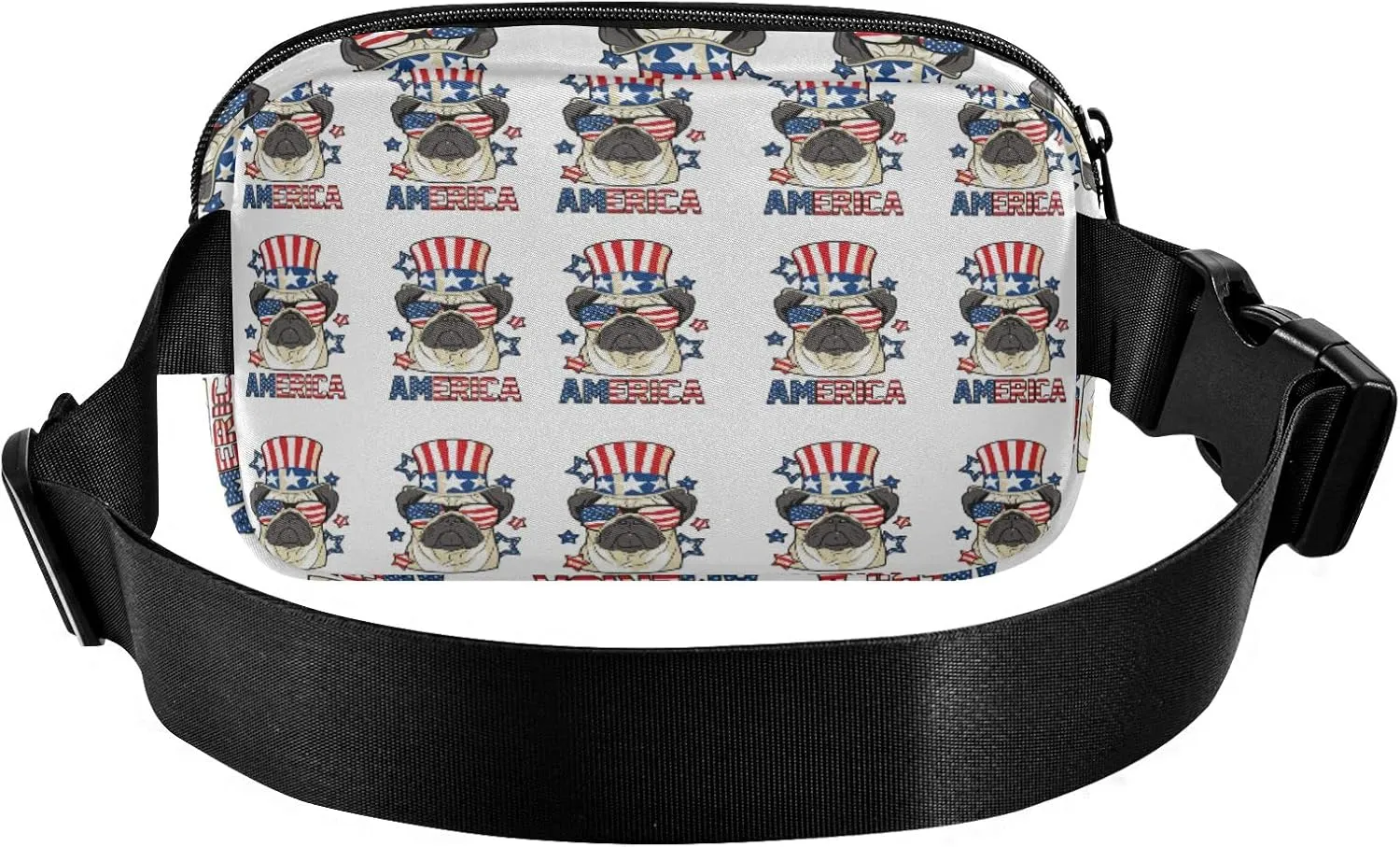 Oyihfvs America Pug Dog USA Flag with Sunglasses Hat on White Adjustable Fanny Waist Pack Pouch, Waterproof Runners Sports Waist Pack Wallet for Sports Hiking Fitness Cycling Gym Women Men