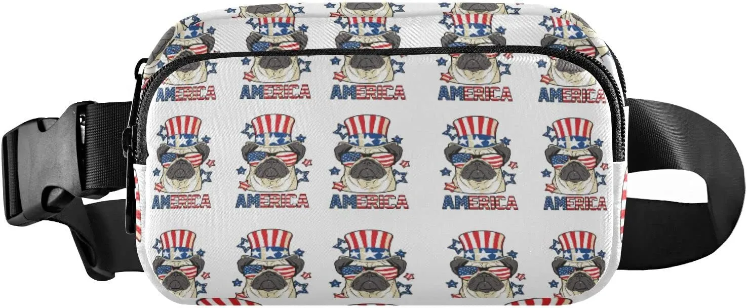 Oyihfvs America Pug Dog USA Flag with Sunglasses Hat on White Adjustable Fanny Waist Pack Pouch, Waterproof Runners Sports Waist Pack Wallet for Sports Hiking Fitness Cycling Gym Women Men