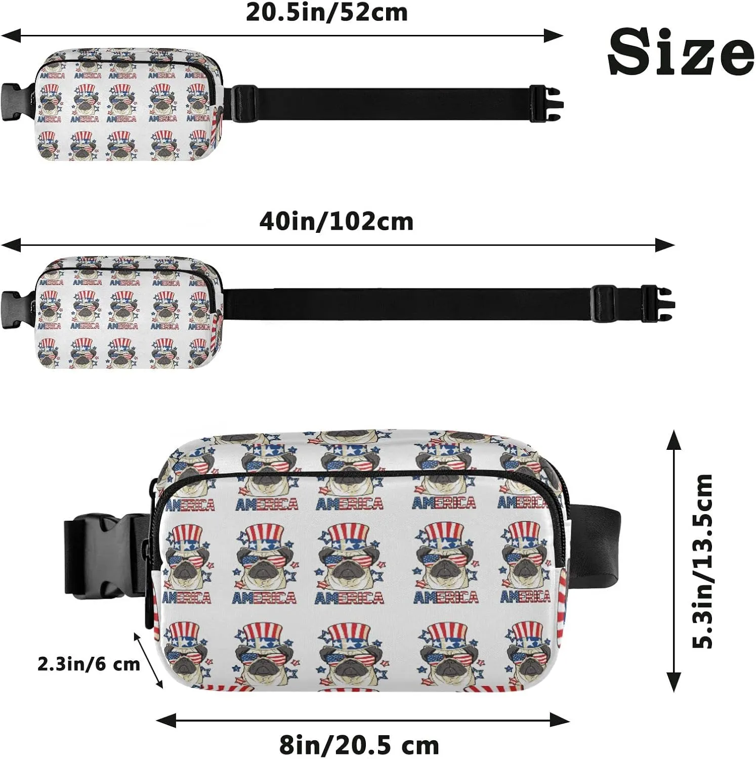 Oyihfvs America Pug Dog USA Flag with Sunglasses Hat on White Adjustable Fanny Waist Pack Pouch, Waterproof Runners Sports Waist Pack Wallet for Sports Hiking Fitness Cycling Gym Women Men