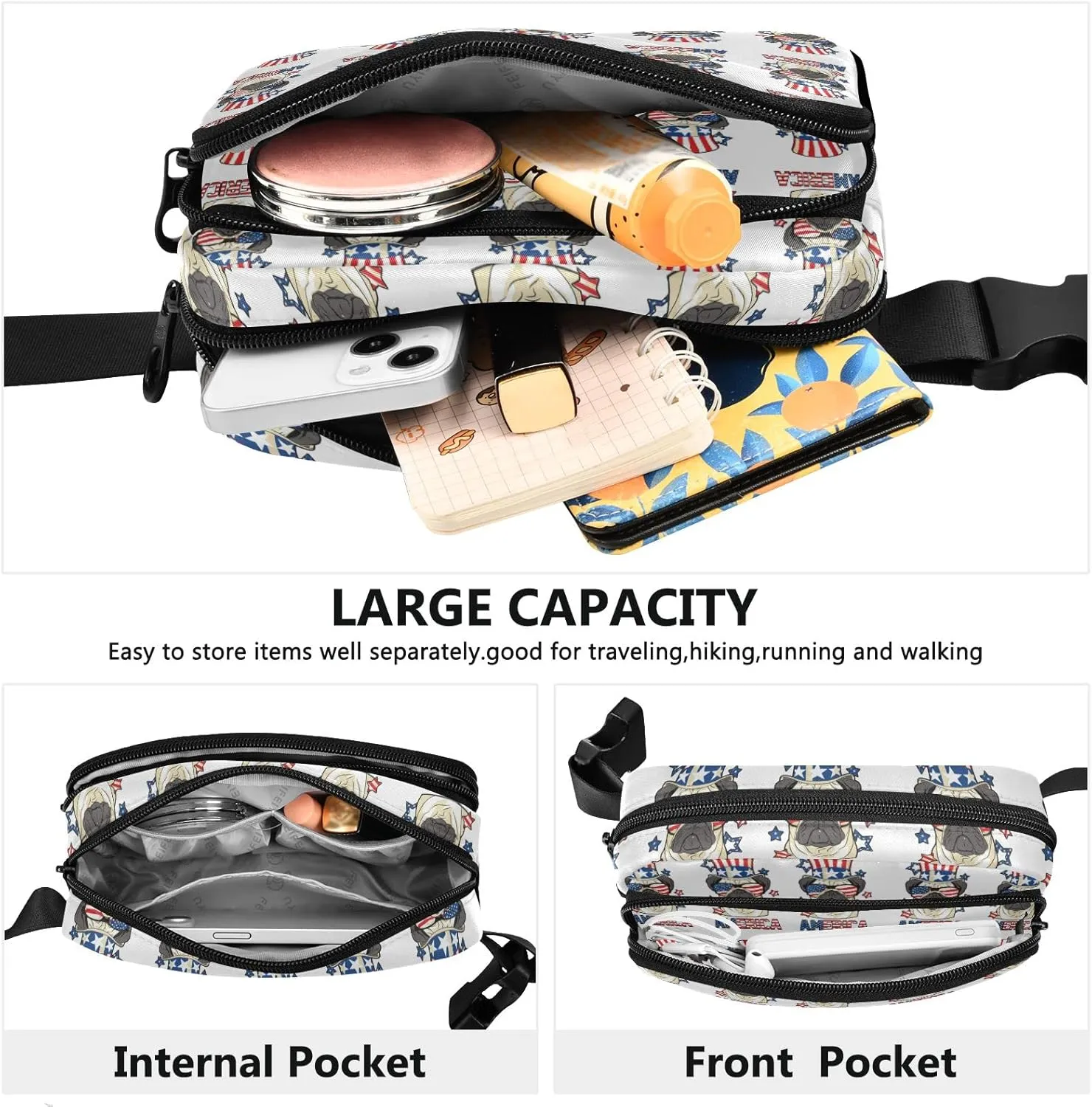 Oyihfvs America Pug Dog USA Flag with Sunglasses Hat on White Adjustable Fanny Waist Pack Pouch, Waterproof Runners Sports Waist Pack Wallet for Sports Hiking Fitness Cycling Gym Women Men