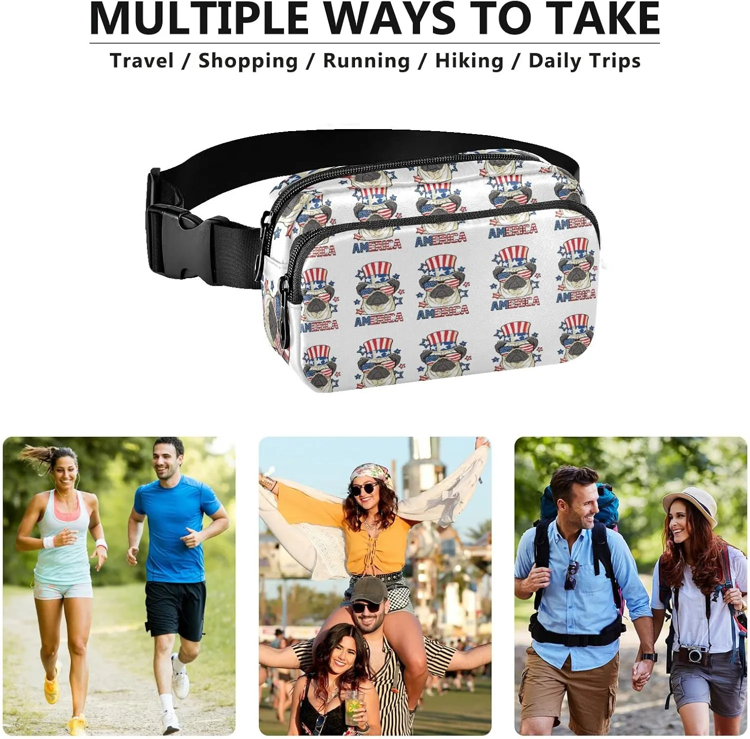 Oyihfvs America Pug Dog USA Flag with Sunglasses Hat on White Adjustable Fanny Waist Pack Pouch, Waterproof Runners Sports Waist Pack Wallet for Sports Hiking Fitness Cycling Gym Women Men
