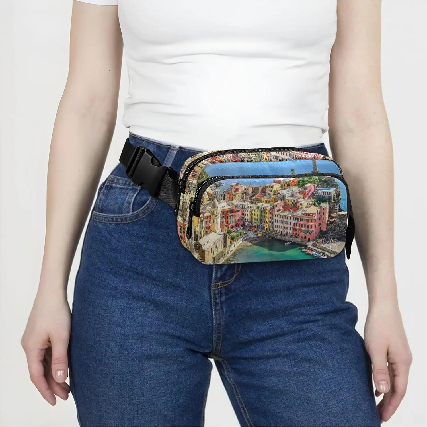 Oyihfvs Ocean and Harbor Village Vernazza, Cinque Terre, Italy Adjustable Fanny Waist Pack Pouch, Waterproof Runners Sports Waist Pack Wallet for Sports Hiking Fitness Cycling Gym Women Men