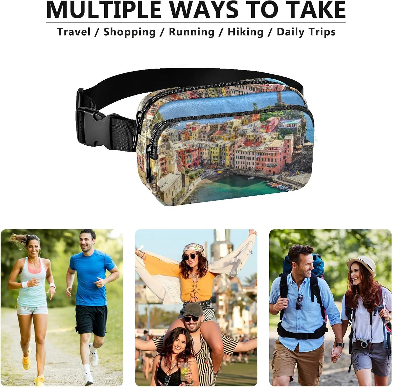 Oyihfvs Ocean and Harbor Village Vernazza, Cinque Terre, Italy Adjustable Fanny Waist Pack Pouch, Waterproof Runners Sports Waist Pack Wallet for Sports Hiking Fitness Cycling Gym Women Men