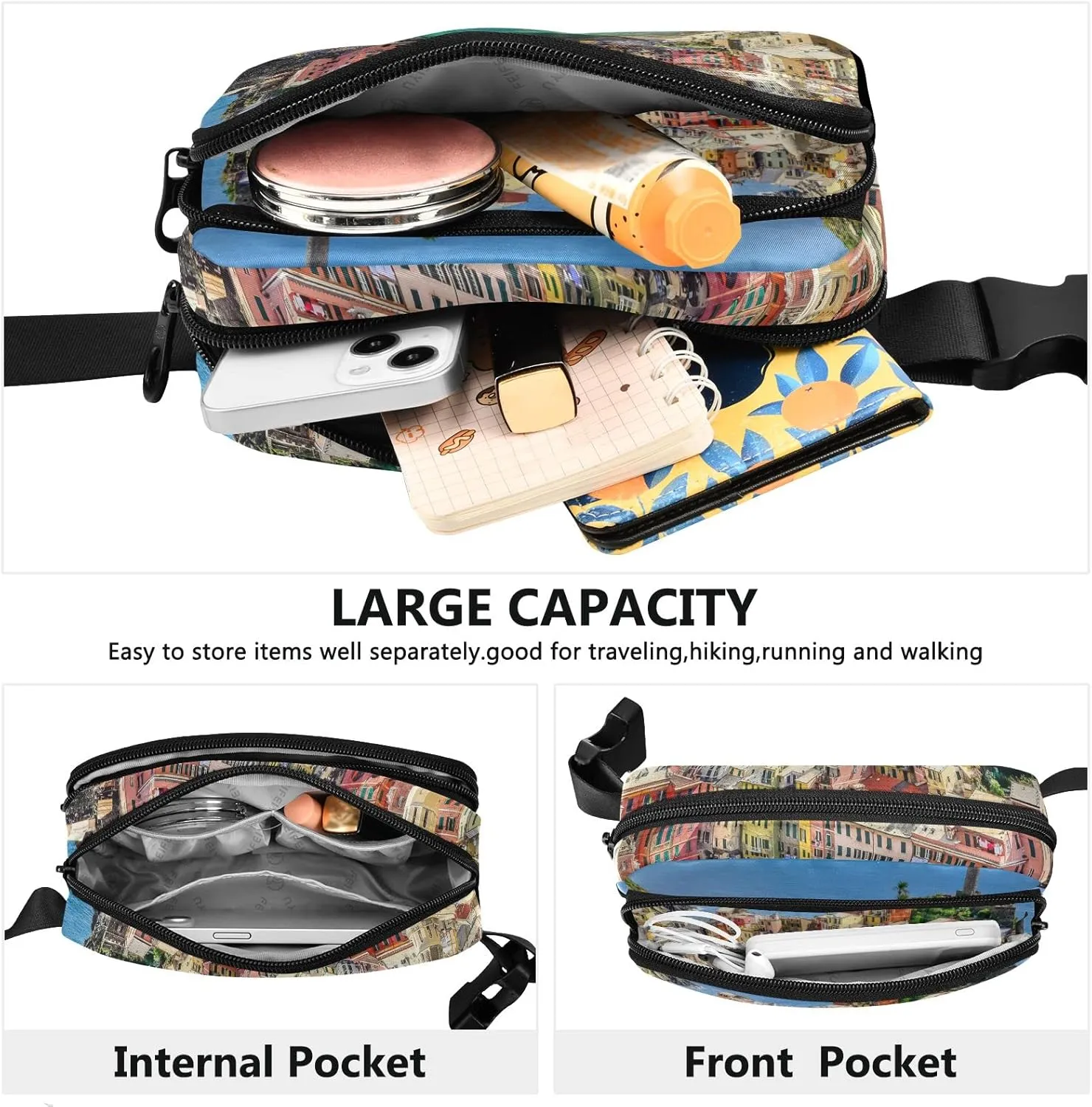 Oyihfvs Ocean and Harbor Village Vernazza, Cinque Terre, Italy Adjustable Fanny Waist Pack Pouch, Waterproof Runners Sports Waist Pack Wallet for Sports Hiking Fitness Cycling Gym Women Men