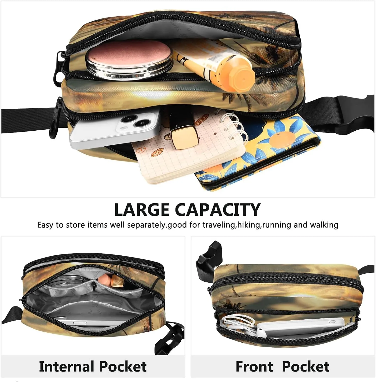 Oyihfvs Sunset Coconut Palm Trees on Small Island Ocean View Adjustable Fanny Waist Pack Pouch, Waterproof Runners Sports Waist Pack Wallet for Sports Hiking Fitness Cycling Gym Women Men