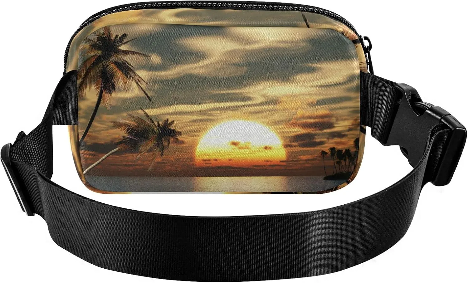 Oyihfvs Sunset Coconut Palm Trees on Small Island Ocean View Adjustable Fanny Waist Pack Pouch, Waterproof Runners Sports Waist Pack Wallet for Sports Hiking Fitness Cycling Gym Women Men