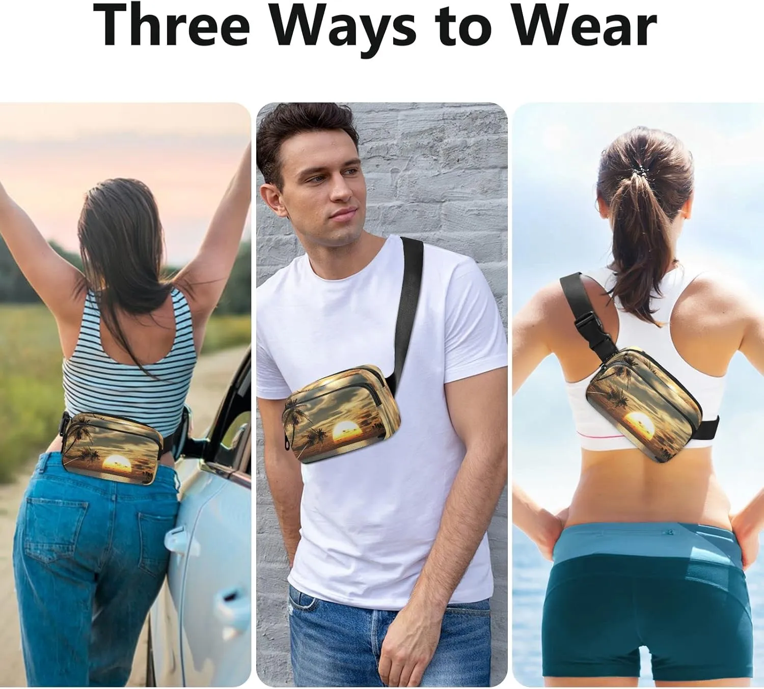 Oyihfvs Sunset Coconut Palm Trees on Small Island Ocean View Adjustable Fanny Waist Pack Pouch, Waterproof Runners Sports Waist Pack Wallet for Sports Hiking Fitness Cycling Gym Women Men