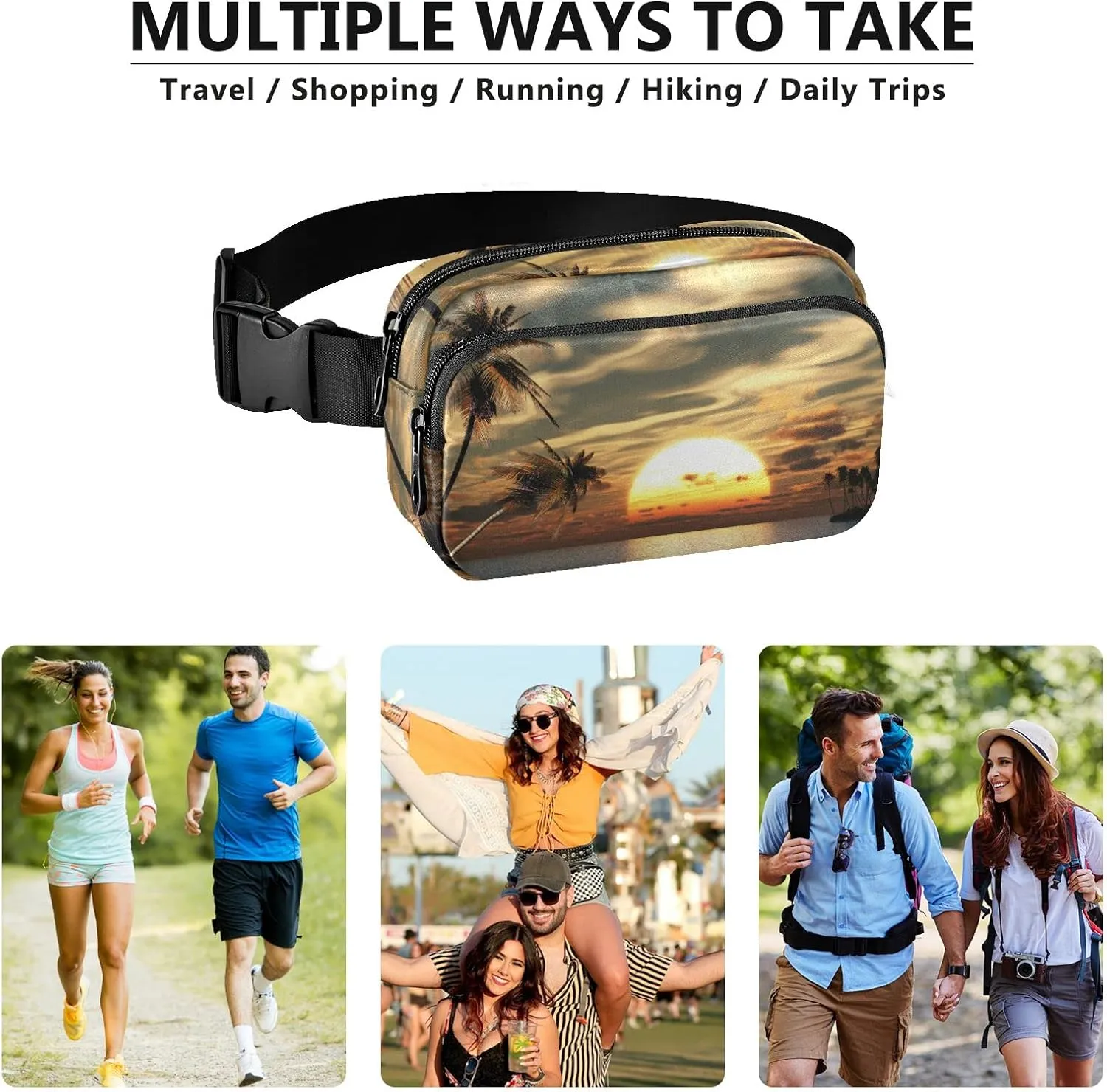 Oyihfvs Sunset Coconut Palm Trees on Small Island Ocean View Adjustable Fanny Waist Pack Pouch, Waterproof Runners Sports Waist Pack Wallet for Sports Hiking Fitness Cycling Gym Women Men