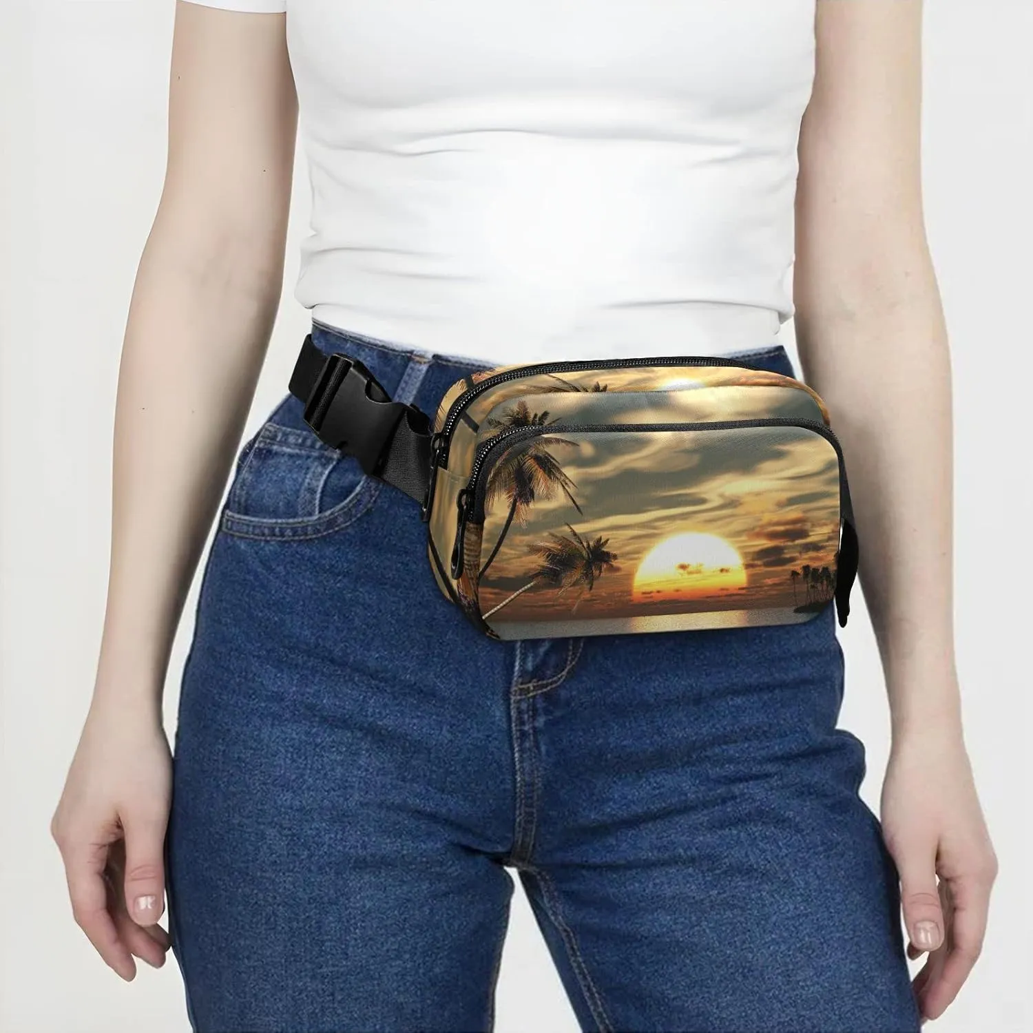 Oyihfvs Sunset Coconut Palm Trees on Small Island Ocean View Adjustable Fanny Waist Pack Pouch, Waterproof Runners Sports Waist Pack Wallet for Sports Hiking Fitness Cycling Gym Women Men
