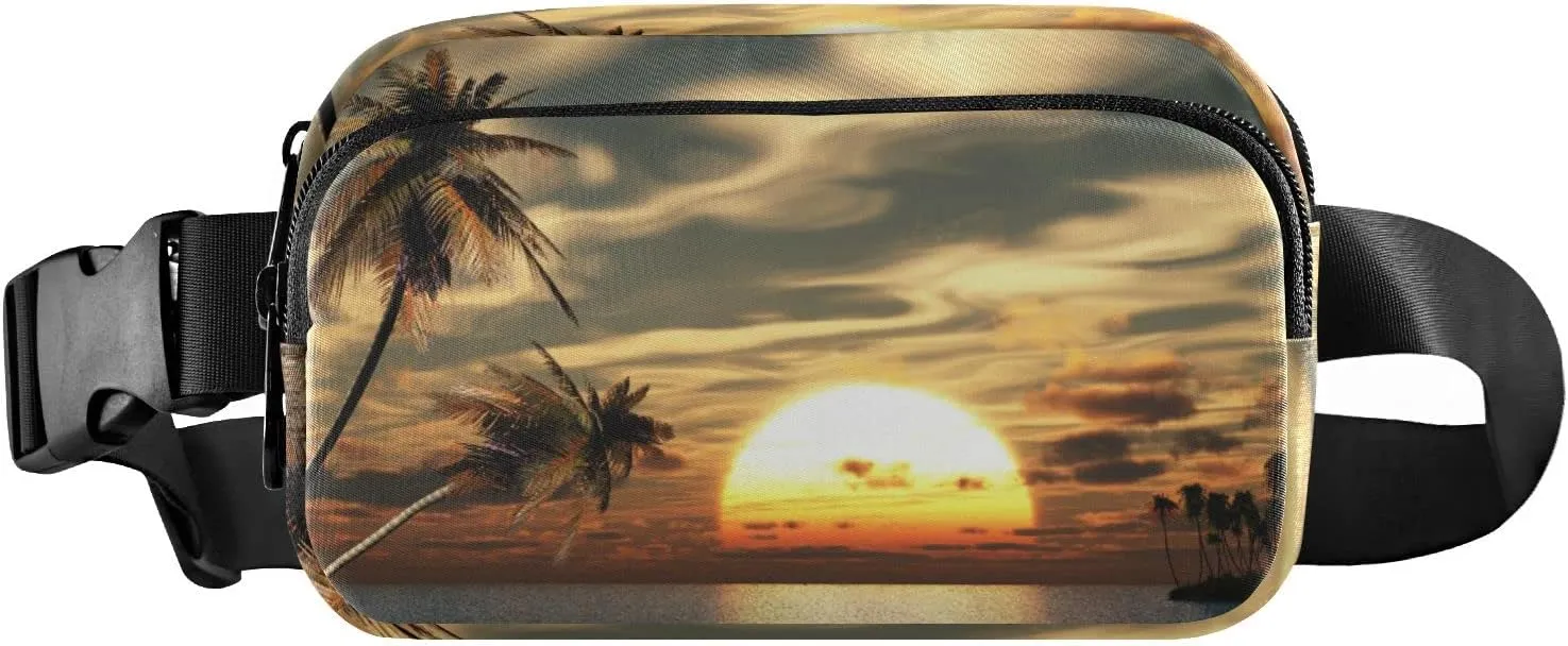 Oyihfvs Sunset Coconut Palm Trees on Small Island Ocean View Adjustable Fanny Waist Pack Pouch, Waterproof Runners Sports Waist Pack Wallet for Sports Hiking Fitness Cycling Gym Women Men