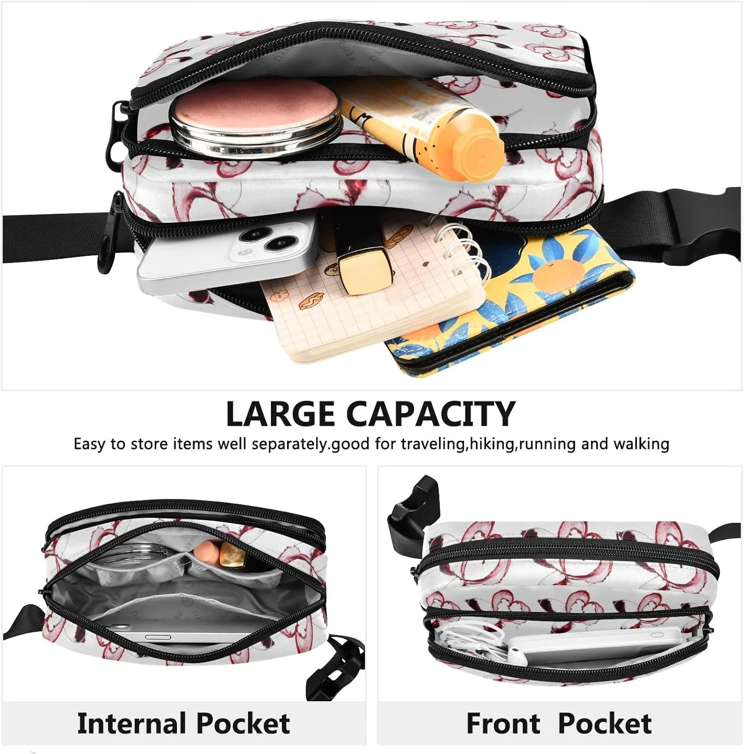 Oyihfvs Two Red Wine Glasses with Heart Over White Background Adjustable Fanny Waist Pack Pouch, Waterproof Runners Sports Waist Pack Wallet for Sports Hiking Fitness Cycling Gym Women Men